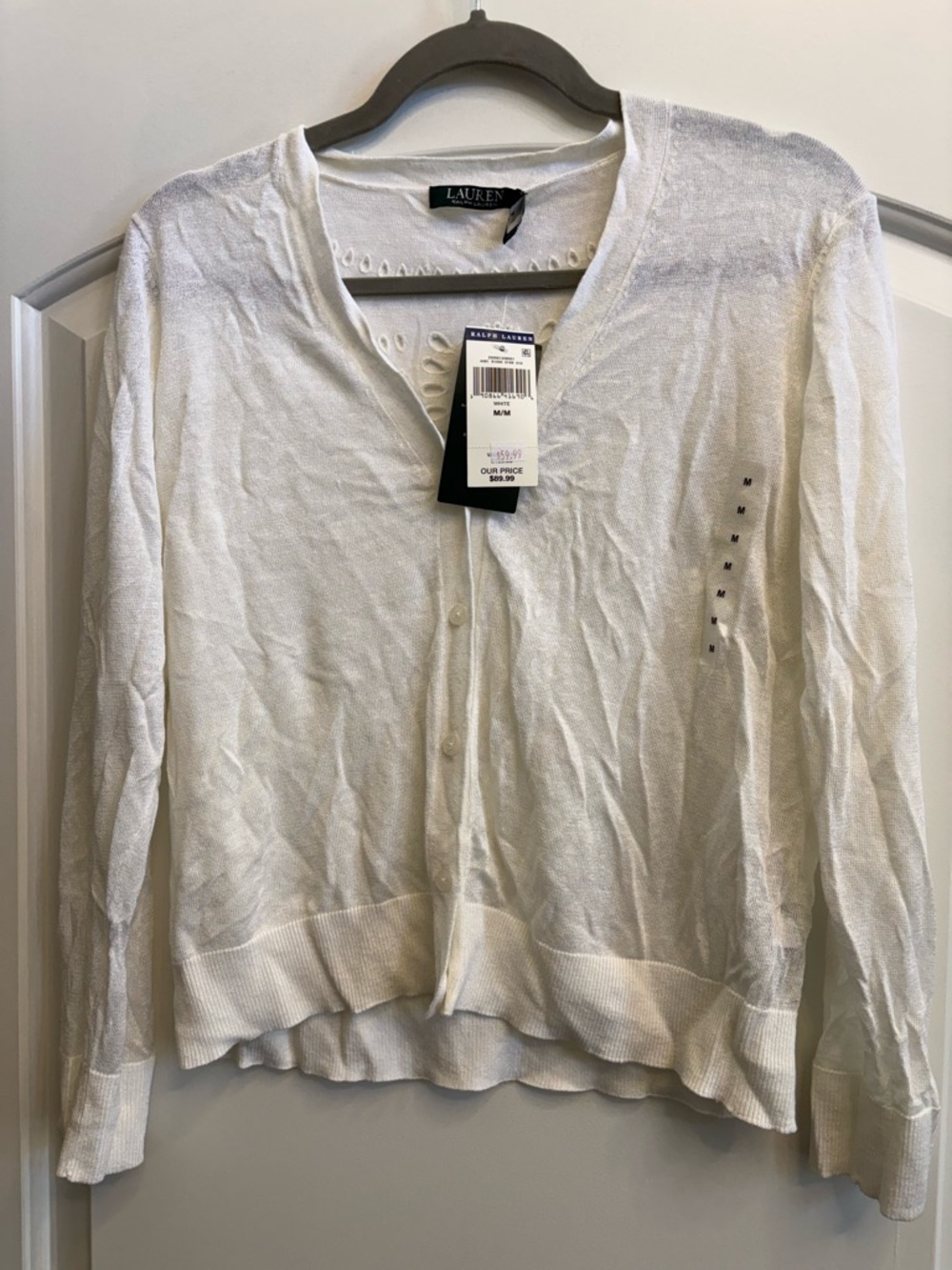 Lauren Ralph Lauren White Lightweight V-Neck Button Cardigan